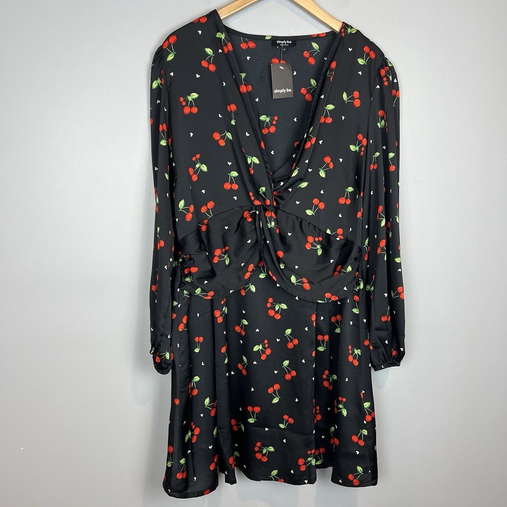 Simply Be Black Cherry Dress Womens Size 18 Retro V Neck New with Defect